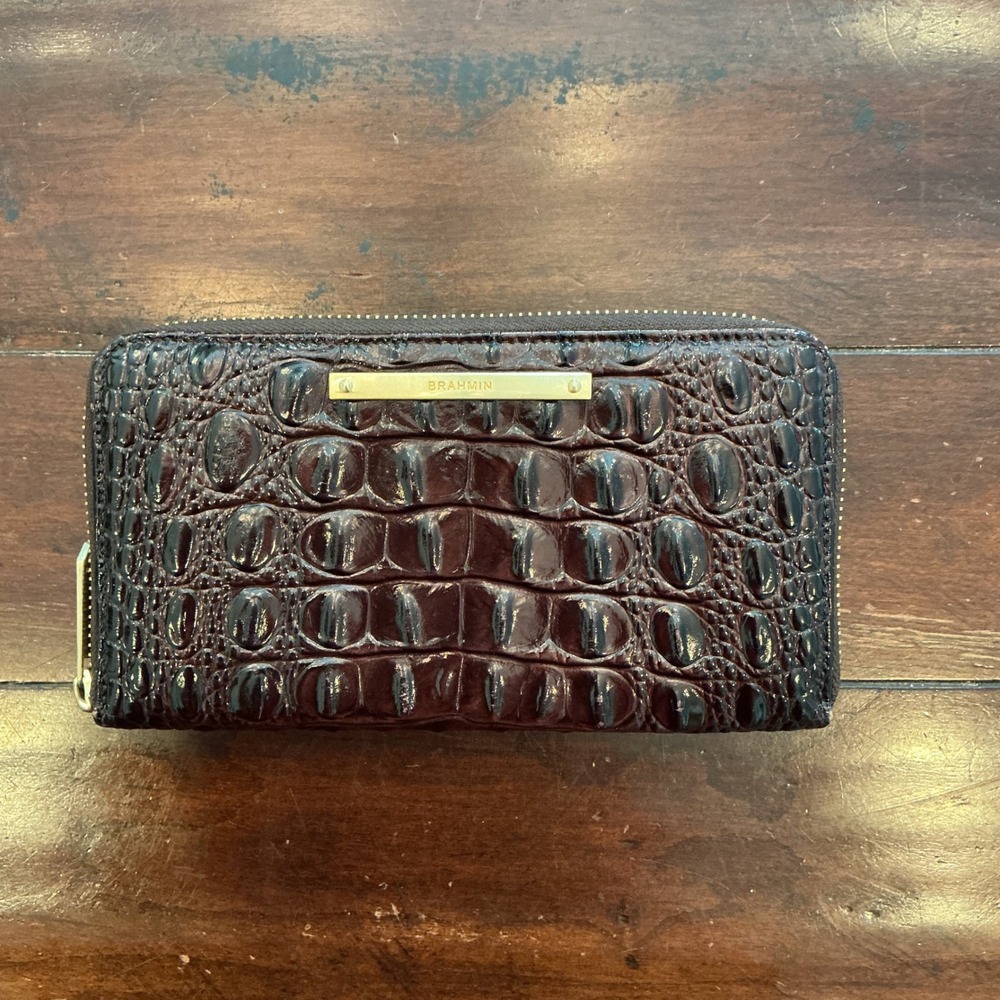 Brahmin Suri Zip Around Wallet Pecan Melbourne Croc Embossed Leather Brown